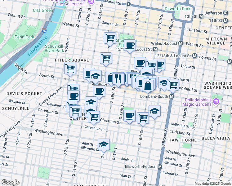 map of restaurants, bars, coffee shops, grocery stores, and more near in Philadelphia