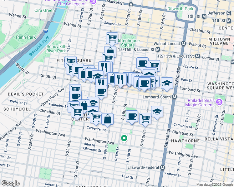 map of restaurants, bars, coffee shops, grocery stores, and more near 710 South 19th Street in Philadelphia