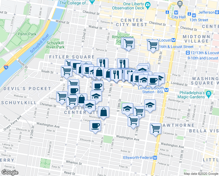 map of restaurants, bars, coffee shops, grocery stores, and more near 710 South 19th Street in Philadelphia