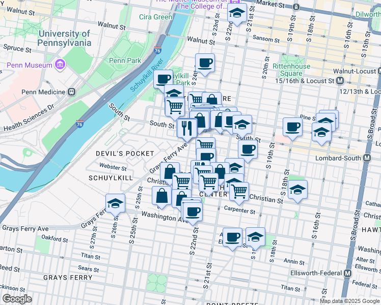 map of restaurants, bars, coffee shops, grocery stores, and more near 715 South 23rd Street in Philadelphia