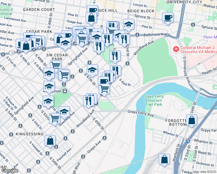 map of restaurants, bars, coffee shops, grocery stores, and more near 4620 Woodland Avenue in Philadelphia