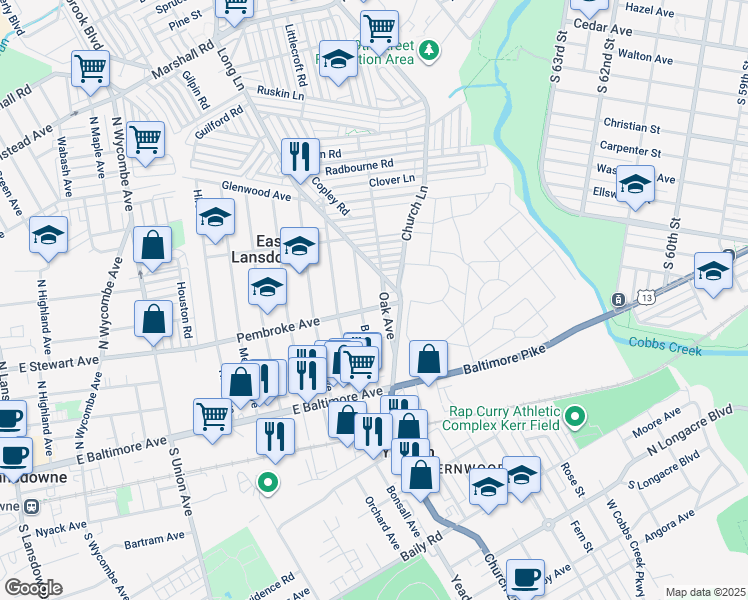 map of restaurants, bars, coffee shops, grocery stores, and more near 1015 Pembroke Avenue in Lansdowne
