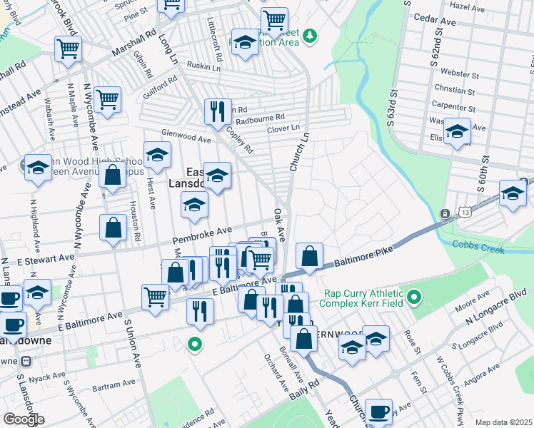 map of restaurants, bars, coffee shops, grocery stores, and more near 1016 Pembroke Avenue in East Lansdowne