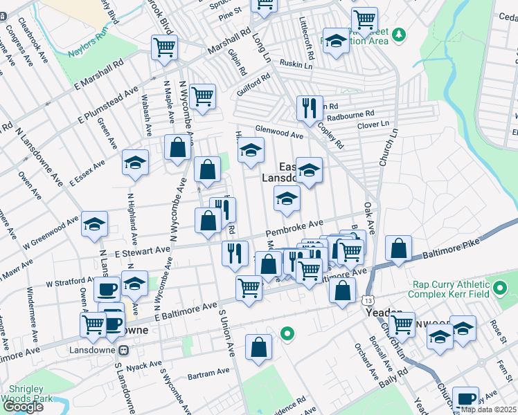 map of restaurants, bars, coffee shops, grocery stores, and more near 121 Melrose Avenue in Lansdowne