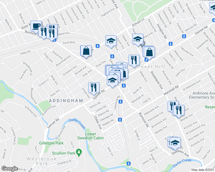 map of restaurants, bars, coffee shops, grocery stores, and more near 3837 Garrett Road in Drexel Hill