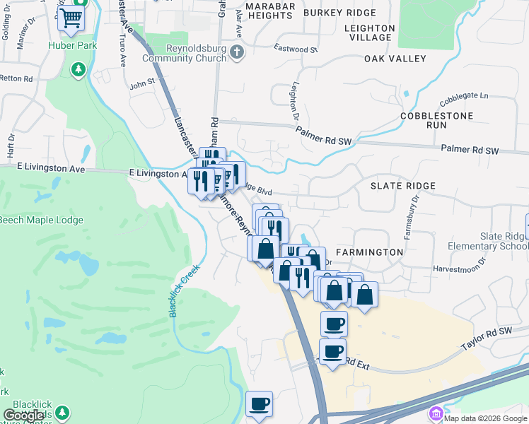 map of restaurants, bars, coffee shops, grocery stores, and more near 2048 Opal Street in Reynoldsburg