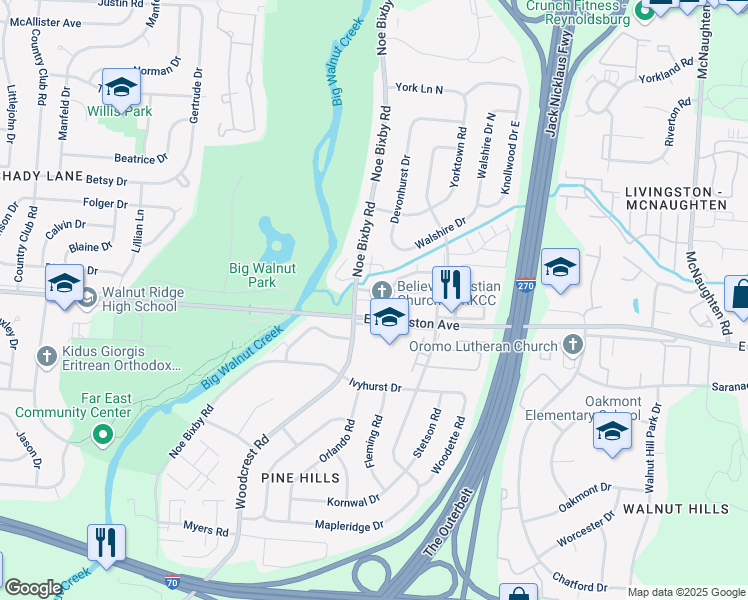 map of restaurants, bars, coffee shops, grocery stores, and more near 5350 East Livingston Avenue in Columbus