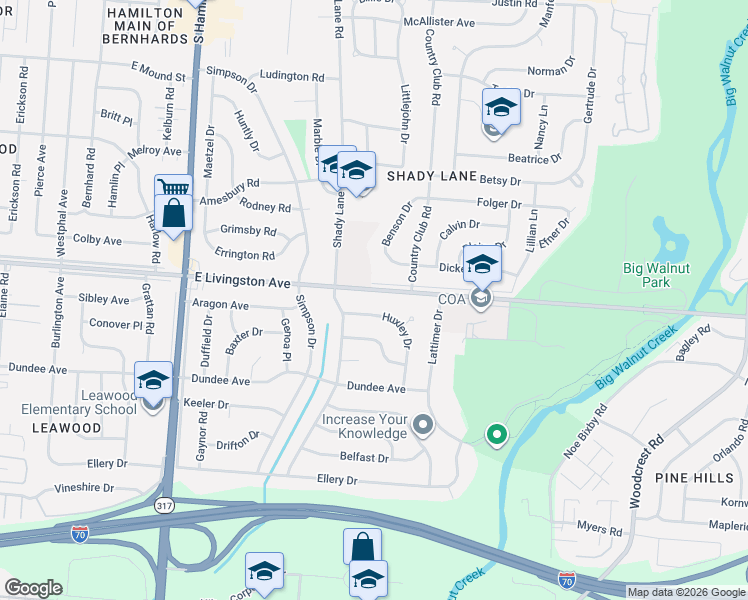map of restaurants, bars, coffee shops, grocery stores, and more near 1580 Huxley Drive in Columbus