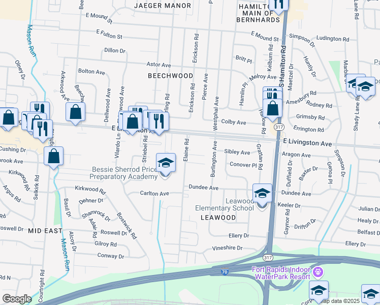map of restaurants, bars, coffee shops, grocery stores, and more near 1488 Elaine Road in Columbus
