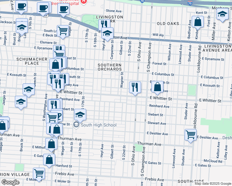 map of restaurants, bars, coffee shops, grocery stores, and more near 801 East Whittier Street in Columbus