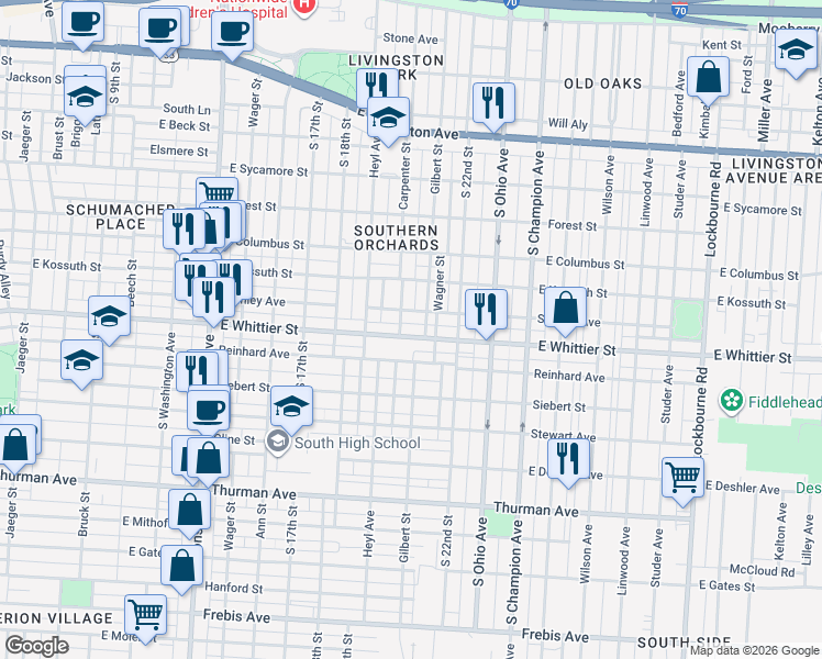 map of restaurants, bars, coffee shops, grocery stores, and more near 801 East Whittier Street in Columbus