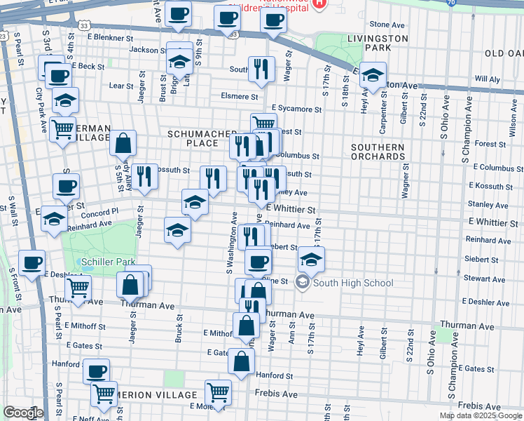 map of restaurants, bars, coffee shops, grocery stores, and more near 987 Parsons Avenue in Columbus