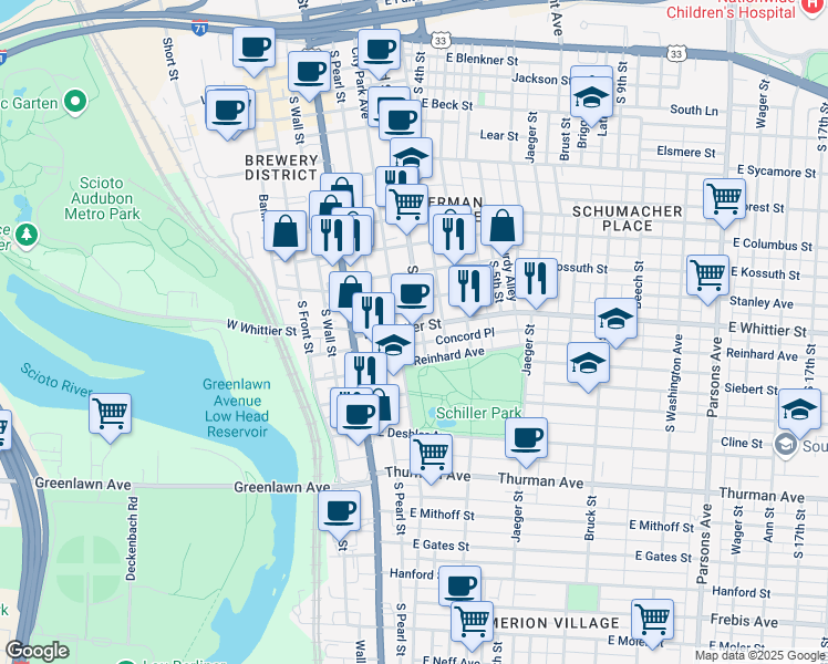 map of restaurants, bars, coffee shops, grocery stores, and more near 922 City Park Avenue in Columbus