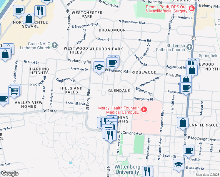 map of restaurants, bars, coffee shops, grocery stores, and more near 1531 North Plum Street in Springfield