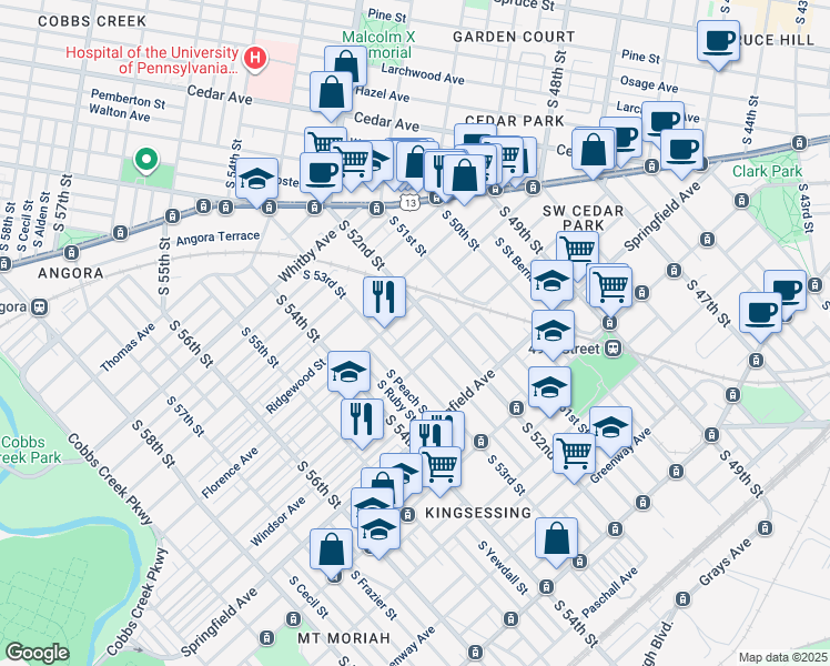 map of restaurants, bars, coffee shops, grocery stores, and more near 5218 Beaumont Avenue in Philadelphia