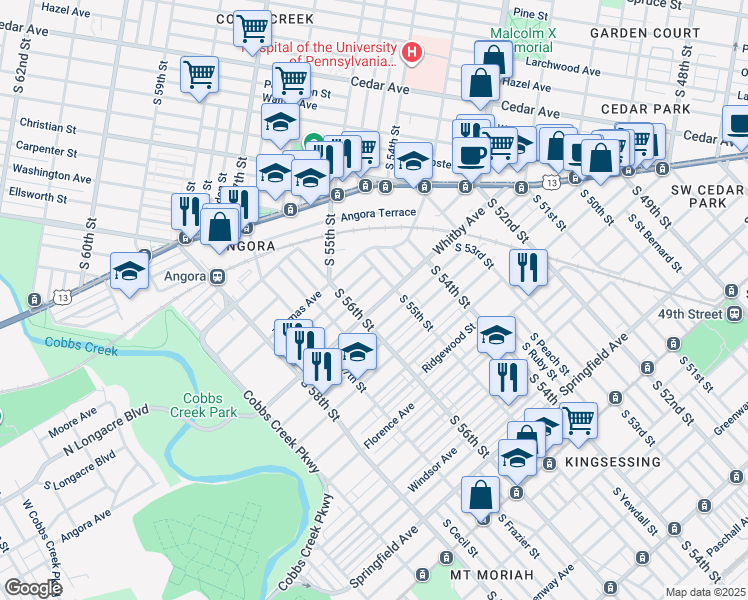 map of restaurants, bars, coffee shops, grocery stores, and more near 5529 Whitby Avenue in Philadelphia