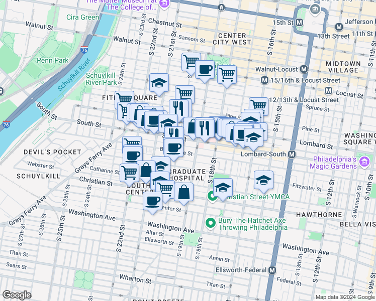 map of restaurants, bars, coffee shops, grocery stores, and more near 1919 Bainbridge Street in Philadelphia