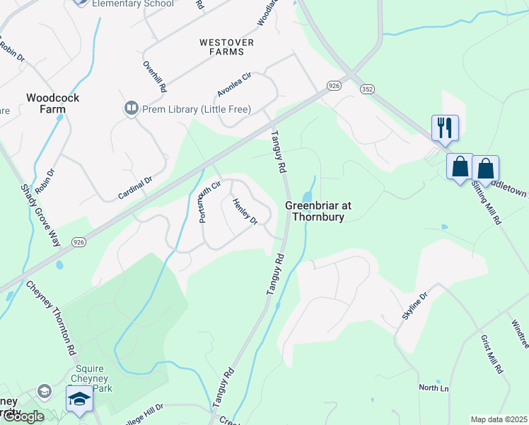 map of restaurants, bars, coffee shops, grocery stores, and more near 139 Portsmouth Circle in Glen Mills