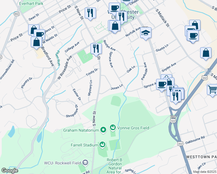 map of restaurants, bars, coffee shops, grocery stores, and more near 838 Rosary Lane in West Chester