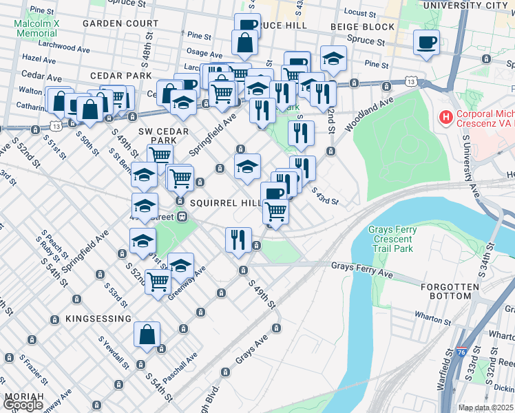 map of restaurants, bars, coffee shops, grocery stores, and more near S 47th St & Upland St in Philadelphia