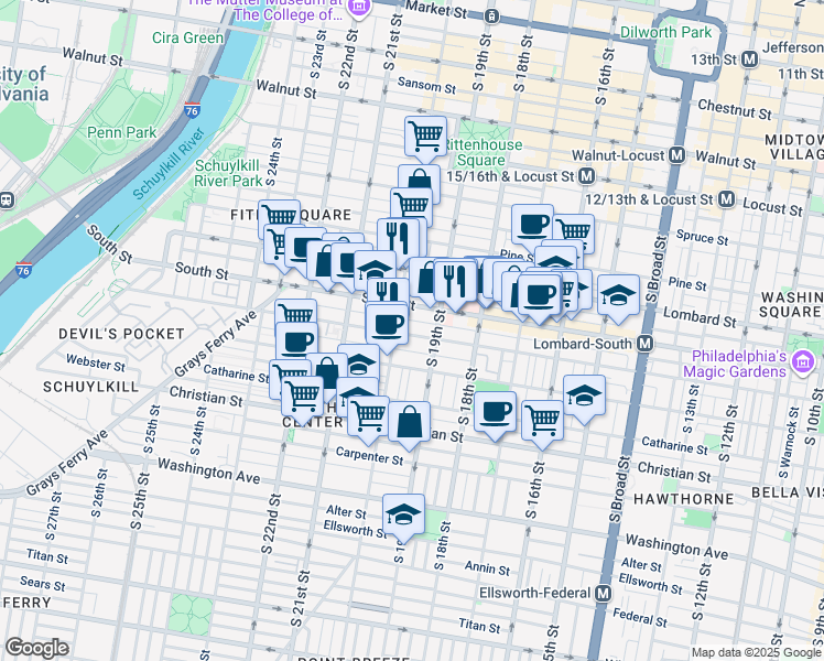 map of restaurants, bars, coffee shops, grocery stores, and more near 1927 Bainbridge Street in Philadelphia