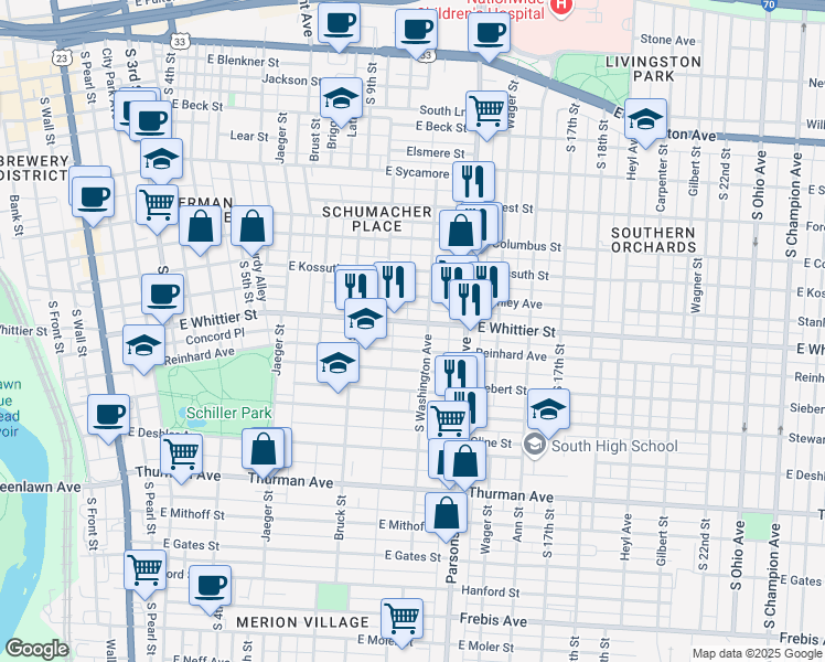 map of restaurants, bars, coffee shops, grocery stores, and more near 462 Reinhard Avenue in Columbus