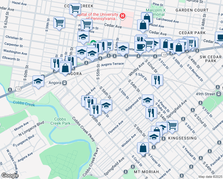 map of restaurants, bars, coffee shops, grocery stores, and more near 5529 Whitby Avenue in Philadelphia