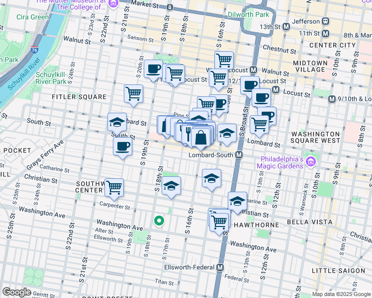 map of restaurants, bars, coffee shops, grocery stores, and more near 1640 South Street in Philadelphia