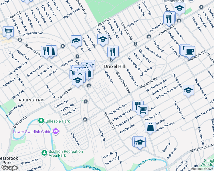 map of restaurants, bars, coffee shops, grocery stores, and more near 3407 Verner Street in Drexel Hill