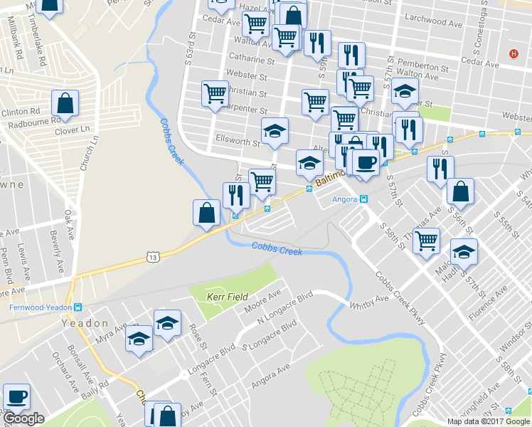 map of restaurants, bars, coffee shops, grocery stores, and more near 6038 Baltimore Avenue in Philadelphia