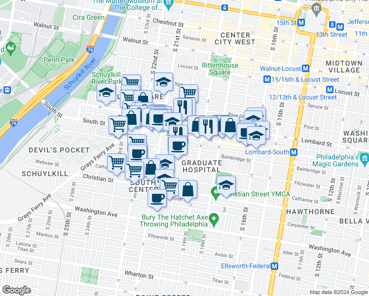 map of restaurants, bars, coffee shops, grocery stores, and more near 1939 Bainbridge Street in Philadelphia