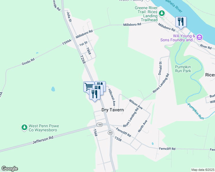 map of restaurants, bars, coffee shops, grocery stores, and more near 24 North Street in Rices Landing