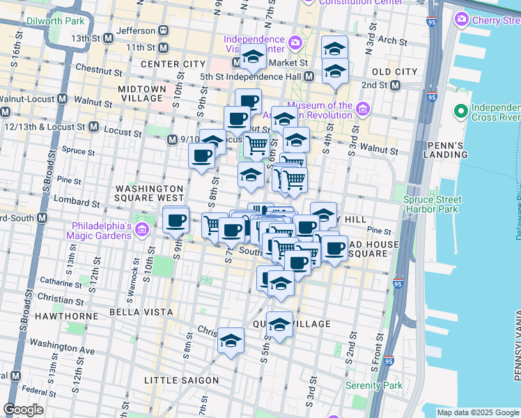 map of restaurants, bars, coffee shops, grocery stores, and more near 342 South 6th Street in Philadelphia