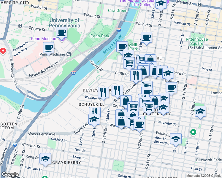 map of restaurants, bars, coffee shops, grocery stores, and more near 500 Admirals Way in Philadelphia