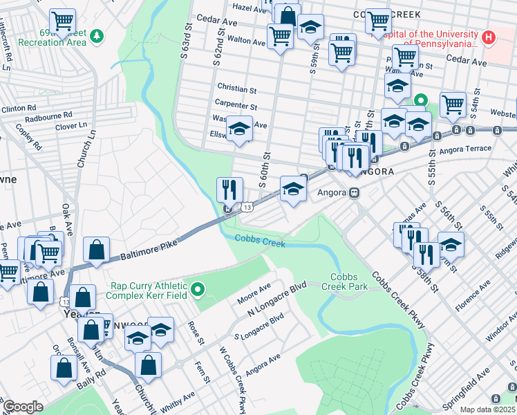 map of restaurants, bars, coffee shops, grocery stores, and more near 6038 Baltimore Avenue in Philadelphia
