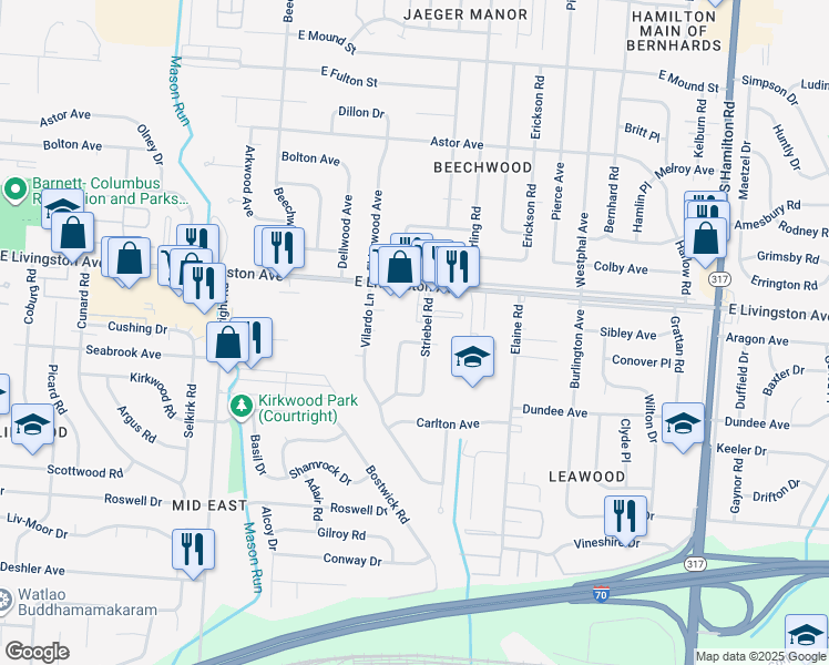 map of restaurants, bars, coffee shops, grocery stores, and more near 1478 Walkath Drive in Columbus
