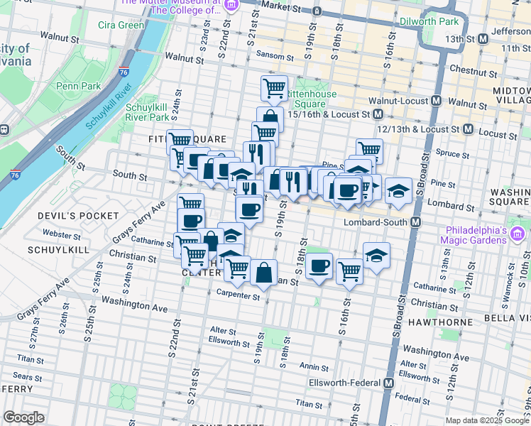 map of restaurants, bars, coffee shops, grocery stores, and more near 1927 Bainbridge Street in Philadelphia
