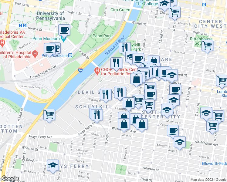 map of restaurants, bars, coffee shops, grocery stores, and more near 201 Surgeon Generals Court in Philadelphia