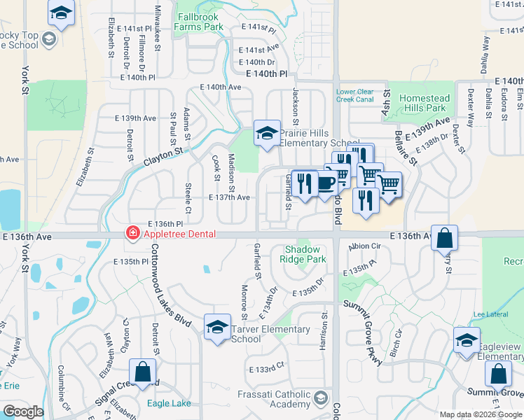 map of restaurants, bars, coffee shops, grocery stores, and more near 13600 Garfield Street in Brighton
