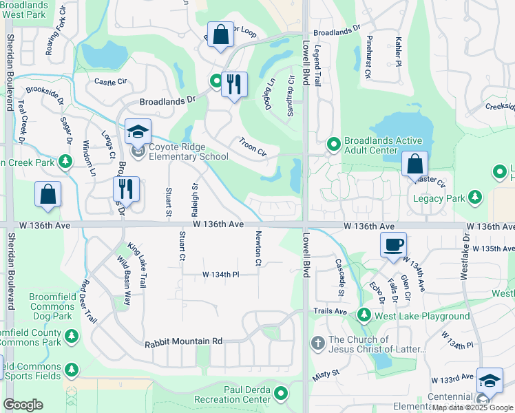 map of restaurants, bars, coffee shops, grocery stores, and more near 3931 Creek Drive in Broomfield