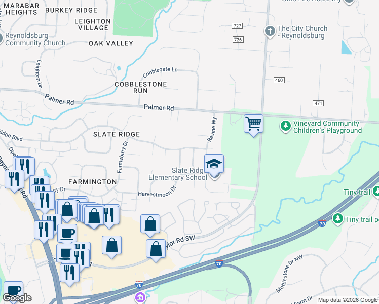 map of restaurants, bars, coffee shops, grocery stores, and more near 2047 Clay Stone Place in Reynoldsburg