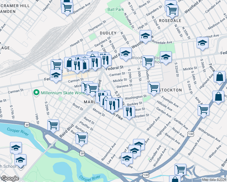 map of restaurants, bars, coffee shops, grocery stores, and more near 159 Eutaw Avenue in Camden