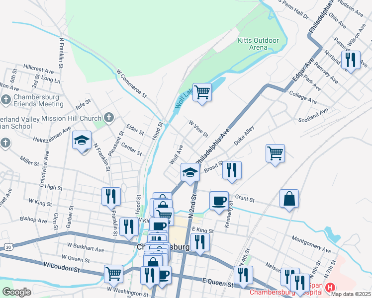 map of restaurants, bars, coffee shops, grocery stores, and more near 61 Hazel Street in Chambersburg
