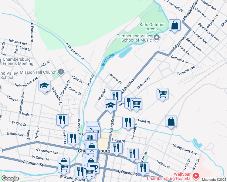map of restaurants, bars, coffee shops, grocery stores, and more near 45 West Commerce Street in Chambersburg