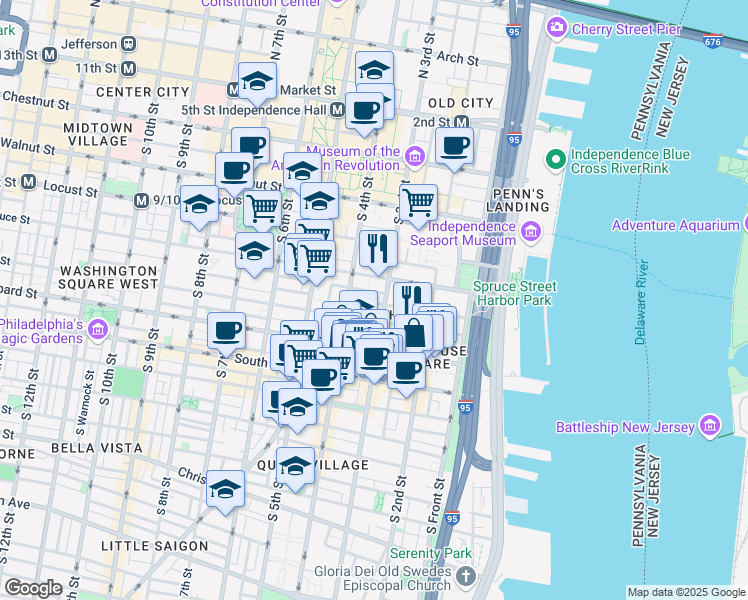map of restaurants, bars, coffee shops, grocery stores, and more near in Philadelphia
