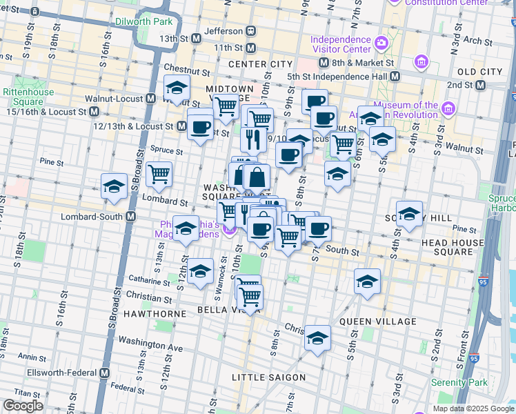 map of restaurants, bars, coffee shops, grocery stores, and more near 416 South Hutchinson Street in Philadelphia
