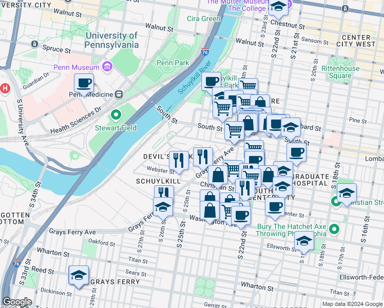 map of restaurants, bars, coffee shops, grocery stores, and more near 3930 Delancey St in Philadelphia