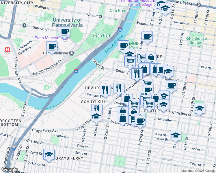 map of restaurants, bars, coffee shops, grocery stores, and more near 502 Captains Way in Philadelphia