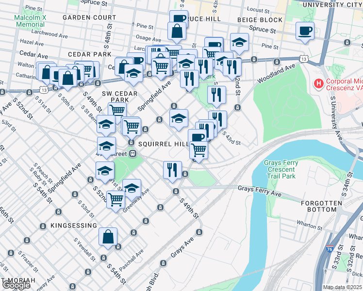 map of restaurants, bars, coffee shops, grocery stores, and more near 1242 South 47th Street in Philadelphia