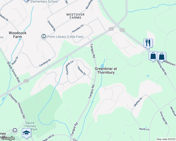 map of restaurants, bars, coffee shops, grocery stores, and more near 139 Portsmouth Circle in Glen Mills
